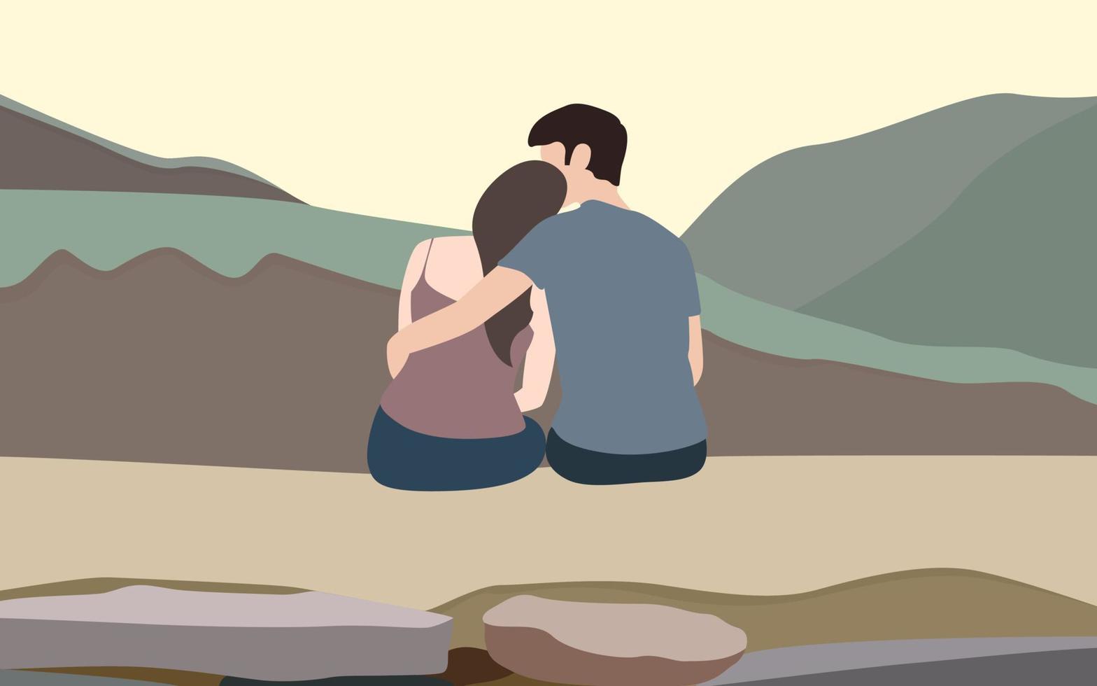 Character illustration of A couple in sitting pose from backside with beautiful mountain and stone background, Happy couple vector illustration. 4942280 Vector Art at Vecteezy