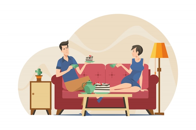 Free Vector | Couple drinking tea in apartment