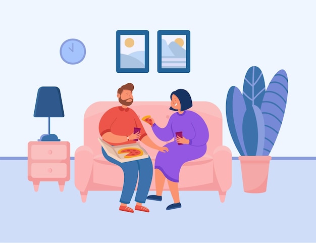 Premium Vector | Cute couple eating pizza on couch. boyfriend and girlfriend on sofa, man and woman eating together at home flat illustration