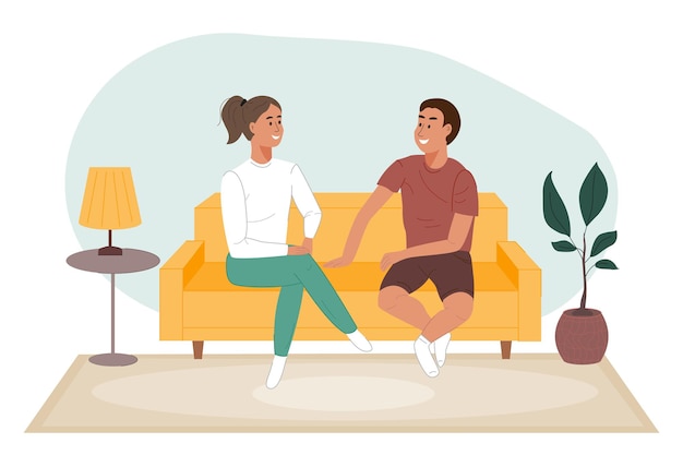 Premium Vector | Happy couple talking and sitting on the sofa in the living room man and woman spend time together