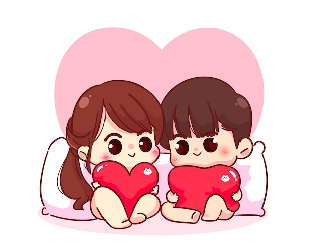 Premium Vector | Lovers couple sitting with a pillow heart shaped, happy valentine, cartoon character illustration