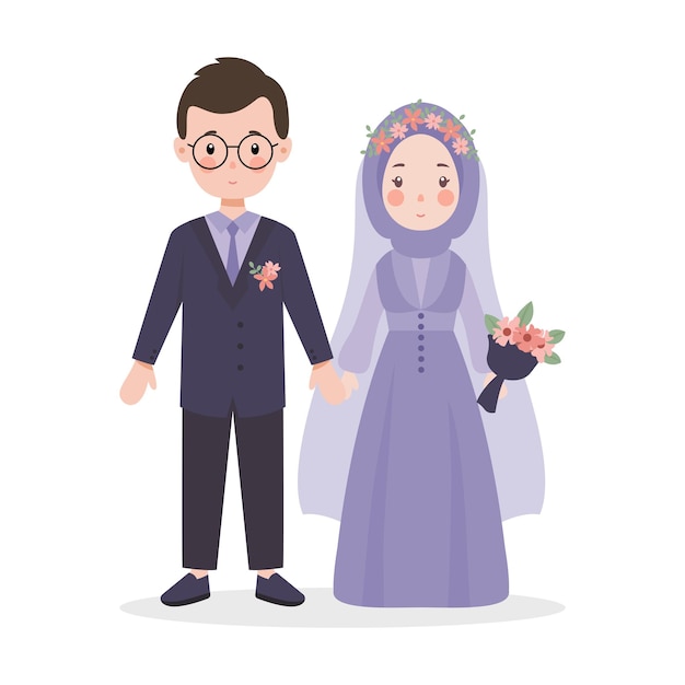 Premium Vector | Muslim couple wedding character in purple dress flat vector